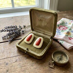 Vintage 1980s Enamel Oval Earrings | Red and Beige Retro Jewelry